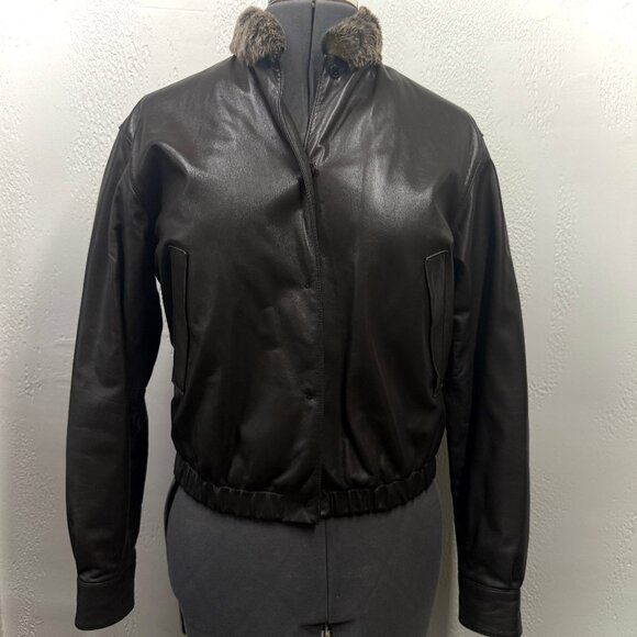 Vintage Genny Way Italian Leather Bomber Jacket Real Fur Collar Sz IT 42/US S-M - Picture 1 of 16
